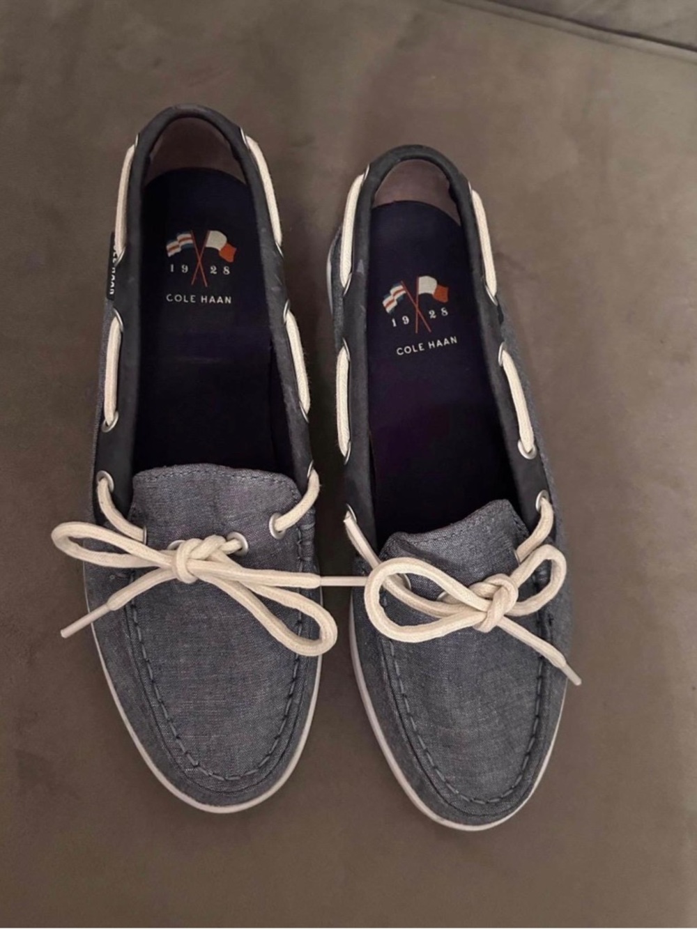 Cole Haan Women’s Gray Canvas Boat Shoes with White Laces and Navy Trim